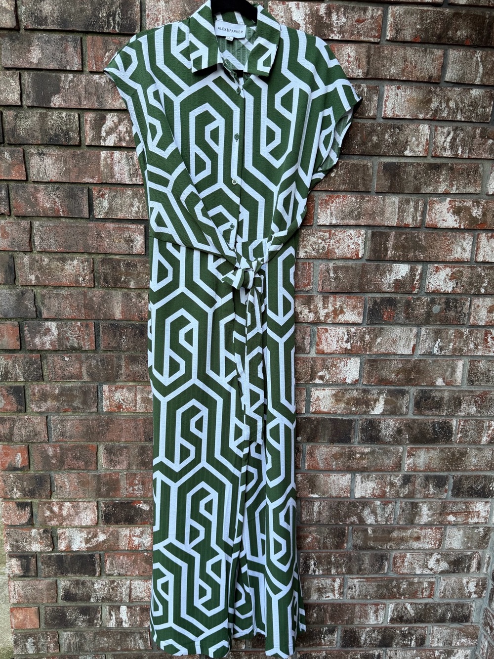 Alex & Parker Green Geometric Shirt Dress with Tie Waist
